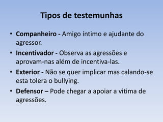 Tipos de testemunhasCompanheiro - Amigo íntimo e ajudante do agressor.Incentivador - Observa as agressões e aprovam-nas além de incentiva-las.Exterior - Não se quer implicar mas calando-se esta tolera o bullying.Defensor – Pode chegar a apoiar a vitima de agressões.