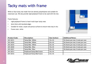 White or blue tacky mat made from low density polyethylene and suitable for
cleanroom use. We also provide rigid polyboard frame to be used with the mat.
Frame features:
•  rigid polyboard frame to insert multi-layer tacky mats
•  6mm thick with bevelled edges
•  Suitable for wood, carpet and porous surfaces to ensure mats stay in situ
•  Frame color: white
12	
  
Tacky mats with frame
 