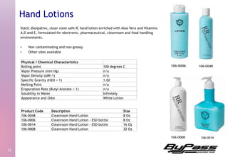 Static dissipative, clean room safe IC hand lotion enriched with Aloe Vera and Vitamins
A,D and E, formulated for electronic, pharmaceutical, cleanroom and food handling
environments.
•  Non contaminating and non-greasy
•  Other sizes available
13	
  
Hand Lotions
Product Code Description Size
106-0048 Cleanroom Hand Lotion 8 Oz
106-0006 Cleanroom Hand Lotion - ESD bottle 8 Oz
106-0014 Cleanroom Hand Lotion - ESD bottle 16 Oz
106-0008 Cleanroom Hand Lotion 32 Oz
Physical / Chemical Characteristics
Boiling point 100 degrees C
Vapor Pressure (mm Hg) n/a
Vapor Density (AIR=1) n/a
Specific Gravity (H2O = 1) 1.02
Melting Point n/a
Evaporation Rate (Butyl Acetate = 1) n/a
Solubility in Water Infinitely
Appearance and Odor White Lotion
 