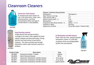 Cleanroom Hand Cleaner
IC antibacterial hand cleaner for
use in the electronics, clean room,
pharmaceutical, and food
environments where any type of
contamination is unacceptable.
14	
  
Cleanroom Cleaners
Hand foaming cleanser
A high-density foam giving excellent
coverage to all areas, when applied the foam
rapidly collapses and decontaminates, killing
bacteria and inactivating viruses before
cleaning.  This foam provides hand & body
disinfection where wash facilities could be a
problem.
IC Workstation and Mat Cleaner
Clean room low ionic, general purpose
workstation cleaner in a ESD safe
recipients which are biodegradable,
alcohol free and odorless
106-0047
106-0047
106-0011
Product Code Description Size
106-0047 Cleanroom Cleaner 1 Gallon 1 gallon
106-0050 Hand Foaming Cleanser 50 ml
106-0016 Cleanroom workstation and Mat Cleaner 16 oz spray
106-0011 Cleanroom workstation and Mat Cleaner 32 oz spray
106-0021 Cleanroom workstation and Mat Cleaner 1 gallon bottle
Physical / Chemical Characteristics
Boiling point 100 degrees C
Vapor Pressure (mm Hg) n/a
Vapor Density (AIR=1) n/a
Specific Gravity (H2O = 1) 1.02
Melting Point Liquid
Evaporation Rate (Butyl Acetate = 1) (Water = 1) 1.0
Solubility in Water Infinitely
Appearance and Odor Vicous Blue Liquid / Pleasant Odor
 