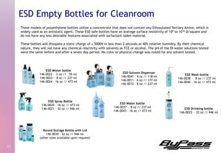 These models of polyethylene bottles utilize a concentrate that does not contain any Ethoxylated Tertiary Amine, which is
widely used as an antistatic agent. These ESD safe bottles have an average surface resistivity of 109 to 1010 Ω/square and
do not have any less desirable features associated with surfactant laden material.
These bottles will dissipate a static charge of ± 5000V in less than 2 seconds at 40% relative humidity. By their chemical
nature, they will not have any chemical reactivity with solvents as TCE or alcohol. The pH of the DI water solutions tested
were the same before and after a seven day period. No color or physical change was noted for any solvent tested.
15	
  
ESD Empty Bottles for Cleanroom
ESD Mister bottle
146-0022 – 2 oz // 59 ml
146-0023 – 8 oz // 237 ml
146-0024 – 16 oz // 473 ml
ESD Spray Bottle
146-0020 – 16 oz // 473 ml
146-0021 – 32 oz // 946 ml
Round Storage Bottle with Lid
146-0039 – 32 oz // 946 ml
(other sizes available upon request)
ESD Solvent Dispenser
146-0041 – 4 oz // 118 ml
146-0011 – 6 oz // 177 ml
146-0012 – 8 oz // 237 ml
ESD Drinking bottle
146-0025 – 32 oz // 946 ml
ESD Wash bottle
146-0038 – 8 oz // 237 ml
146-0040 – 16 oz // 473 ml
ESD Water bottle
146-0037 – 8 oz // 237 ml
146-0043 – 16 oz // 473 ml
 