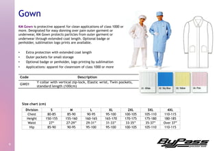 KM Gown is protective apparel for clean applications of class 1000 or
more. Designated for easy donning over pain outer garment or
underwear, KM Gown protects particles from outer garment or
underwear through extended coat length. Optional badge or
penholder, sublimation logo prints are available.
•  Extra protection with extended coat length
•  Outer pockets for small storage
•  Optional badge or penholder, logo printing by sublimation
•  Applications: apparel for cleanroom of class 1000 or more
9	
  
Gown
Division S M L XL 2XL 3XL 4XL
Chest 80-85 85-90 90-95 95-100 100-105 105-110 110-115
Height 150-155 155-160 160-165 165-170 170-175 175-180 180-185
Waist 27“ 27-29” 29-31” 31-33” 33-35” 35-37” Over 37”
Hip 85-90 90-95 95-100 95-100 100-105 105-110 110-115
Size chart (cm)
 