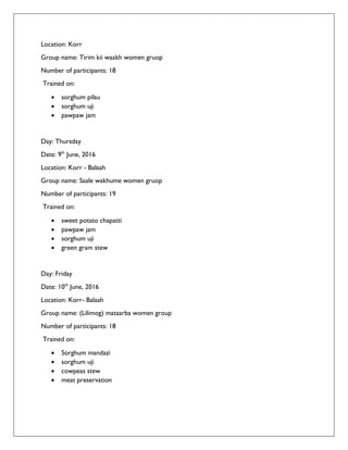 Location: Korr
Group name: Tirim kii waakh women gruop
Number of participants: 18
Trained on:
 sorghum pilau
 sorghum uji
 pawpaw jam
Day: Thursday
Date: 9th
June, 2016
Location: Korr - Balaah
Group name: Saale wakhume women gruop
Number of participants: 19
Trained on:
 sweet potato chapatti
 pawpaw jam
 sorghum uji
 green gram stew
Day: Friday
Date: 10th
June, 2016
Location: Korr- Balaah
Group name: (Lilimog) mataarba women group
Number of participants: 18
Trained on:
 Sorghum mandazi
 sorghum uji
 cowpeas stew
 meat preservation
 