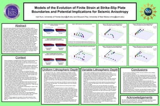 Models of the Evolution of Finite Strain at Strike-Slip Plate
Boundaries and Potential Implications for Seismic Anisotropy
Ivan Kurz, University of Florida (ikurz@ufl.edu) and Mousumi Roy, University of New Mexico (mroy@unm.edu)
Context
Conclusions
Abstract
Acknowledgements
We would like to acknowledge IRIS, whose undergraduate internship program
allowed the research here to occur. The University of New Mexico also
deserves recognition for hosting the internship.
The surface strain distribution at the San Andreas Fault (SAF) system in
California is well-imaged; however, at depth our understanding is poor. Recent
seismic observations suggest a narrow shear zone throughout the lithosphere
corresponding to the narrow plate boundary at the surface. To understand the
vertical distribution of strain in the SAF system, we investigate how the finite-
strain ellipsoid (FSE) evolves for tracers in a 3D model of the lithosphere and
asthenosphere beneath the SAF. The two classes of models which we
investigate simulate an asthenospheric channel beneath a uniform-thickness
lithosphere and a variable-depth lithosphere-asthenosphere boundary (LAB). In
an isoviscous fluid beneath a uniform-thickness lithosphere, strain rates, and
thus FSE orientations, are constant throughout the channel, dependent on the
ratio of the velocities but not the viscosity. For a two-layered asthenospheric
channel of a higher-viscosity layer overlying a lower-viscosity layer, FSE
orientations align with the strike-slip boundary in the upper layer and deeper
mantle flow in the lower layer. When we emulate a lithosphere of variable
thickness across the fault by increasing the viscosity of the upper layer, we
observe asymmetric FSE orientations across the step in the LAB. The direction
of lithospheric thickening across the strike-slip fault governs these orientations.
Following these investigations, we interpret the direction of maximum strain of
the FSE as the preferred direction of “A”-type anisotropy in the region of the
SAF system and analogous strike-slip fault systems.
Uniform Lithospheric Depth Variable Lithospheric Depth
• We are interested in investigating strain below strike-slip fault systems such
as the San Andreas Fault (SAF) system in California. Evidence for the
existence of a fast polarization direction directly under the fault at the plate
boundary arises from seismic observations.
• Seismic anisotropy in the vicinity of the SAF varies by position relative to the
fault. In northern California, the direction of earliest arrival for shear waves
for stations in the vicinity of the SAF aligns with its direction. Farther from the
fault, the direction aligns east-west. In southern California, the direction
tends east-west independent of the fault.
• To model strain and its effect on anisotropy, we calculate finite-strain
ellipsoids (FSE's) for tracers in a mesh which emulates the lithosphere and
uppermost asthenosphere under a strike-slip fault. We assume these FSE's
to model A-type anisotropy in that the long axis of the FSE is parallel to the
fast crystallographic axis, which holds for infinite strain.
• The two classes of lithosphere-asthenosphere boundary (LAB) based on
viscosity contrast for a Newtonian fluid: uniform thickness (within this, with or
without a viscosity increase at the LAB) and variable thickness (within this,
with or without a layered asthenosphere).
• Velocity boundary conditions are a right-lateral strike-slip fault at the top of
the model’s mesh and a deeper asthenospheric flow perpendicular to the
fault. The upper condition is a relative 47 mm/yr (Bourne et al., 1998) and the
lower condition is 92 mm/yr (Silver and Holt, 2002).
• The mesh consists of 13×13×13 elements corresponding to a depth of 200
km with lateral dimensions of 1,000 km.
• A Python script which utilizes FEniCS finds solutions via a finite-element
method to compute a velocity at each element. Post-processing for the
velocity at each element takes place in MATLAB.
• By specifying a starting point for a given tracer, we may interpolate its
starting strain and velocity. Then, we may find its location after a discretized
time and continue this process to form a smooth path and gradual
deformation.
• Figures 1-3 above display the viscosities of the mesh's elements, while
figures 4-9 display FSE's for suites of tracers at x=.15, y=.15, and z=.05, .1,
and .15.
• J.L. Tetreault, M. Roy, and J. Gaherty (unpublished) investigate a similar
model between one-layered and two-layered rheologies. Here, we test the
tracer for the two rheological structures: uniform viscosity and two separate
layers (figure 1). The uniform-viscosity rheological structure emulates a
lithosphere without viscosity contrast. The two-layered rheological structure
emulates a lithosphere in the upper half of the fluid and the asthenosphere in
the lower half of the fluid, with a lithosphere-to-asthenosphere viscosity ratio
of 104.
• The absolute viscosity of any point does not affect the velocity at that point,
and as a result, the path taken. The velocities depend only on the viscosity
ratio within the fluid.
• Solutions are steady-state; the time interval over which we find a solution
does not affect velocity.
• The velocity field for a one-layered structure is a linear combination of
Couette-style flow due to the SAF boundary condition and the drag condition.
• Within the one-layered structure (figure 4), the greatest FSE stretching takes
place in proximity to the fault. For a given lateral position, the FSE's closer to
the surface undergo more lengthening. As the tracers flow across the fault
plane, the FSE's undergo the bulk of the deformation in the plane's vicinity.
• In contrast, within the two-layered model (figure 5), the strain is decoupled
between the upper and lower layers. The direction of the long axis is greatest
for both models parallel to the drag condition. The velocity field here
approximates a linear combination of Couette-style flow as earlier.
• In both simulations, the direction of the FSE's long axis aligns greatest with
the strike-slip fault above the LAB and the asthenospheric drag below the
LAB regardless of the lateral position.
• These models investigate an isoviscous lithosphere over a lower
asthenoshere, with a lithosphere-to-asthenosphere viscosity ratio of 104. In
each, the depth of the lithosphere varies across the fault in the shape of an
arctangent, either thickening or thinning upwind of the lower drag.
• For each boundary, we study two classes of models: a uniform
asthenosphere (figure 2) and an asthenosphere with a viscosity contrast at
z=.05, where the central layer has a viscosity 10 times that of the lowest
(figure 3).
• The fluid is incompressible and the strain exhibits decoupling between the
layers. As a result, the deformation of the FSE is restricted to the lowest
layer over its height.
• For the two-layered structure and a thinning lithosphere, the greatest
evolution of the FSE's long axis takes place to the right of the fault (figure 6).
The direction of the long axis here orients normal to the step in the LAB. A
thickening lithosphere is the same in reverse (figure 7); a narrower channel
orients the long axis perpendicular the step as the fluid's area is restricted
across the boundary.
• For the three-layered structure (figures 8 and 9), coupling is weak between
the lowermost layer and the upper two layers; the upper asthenospheric
layer demonstrates strike-slip motion coupled to a greater extent to the
lithosphere. The deformation in the asthenosphere resulting from both
boundary conditions is greatest in the lowermost layer. As with the uniform
lithospheric depth, the velocity in the lowermost layer approximates a linear
combination of the boundary conditions. The spatial distribution of
deformation is analogous to the cases of uniform lithospheric depth or the
asthenosphere in the two-layered model.
• For an isoviscous rheology, the FSE's long axis stretches most at shallow
depth in proximity to the fault.
• For a two-layered rheology, the FSE's long axis stretches most in the layer
with the lowest viscosity near the plane of faulting due to decoupling of the
strain. The three-layered rheology exhibits a similar property in its lowermost
layer. This stretching approximates a linear combination of stretching due to
strain resulting from each boundary condition.
• Variations in the thickness of the lithosphere across the fault affect the
lengthening along the vertical axis. When the asthenosphere has a viscosity
contrast, the lengthening holds in the upper asthenospheric layer alone.
• Possibilities for improvements to the models include accounting for density
and temperature, which would adjust the viscosity depending on the tracer's
vertical motion. One can impart temperature boundary conditions on the fluid
via existing FEniCS code.
• Following Tetreault et al., in the future, we may adopt the program D-Rex to
calculate the fast direction of seismic anisotropy based on the crystal lattice-
preferred orientation of olivine-enstatite aggregates in the upper mantle.
Figure 1: Uniform-Depth Lithosphere-Asthenosphere
Viscosity Contrasts
Figure 4: FSE Tracers for a One-Layered Structure
One Layer Two Layers
Thinner Lithosphere
Downwind of
Mantle Drag
Thicker Lithosphere
Downwind of
Mantle Drag
Thicker Lithosphere
Downwind of
Mantle Drag
Thinner Lithosphere
Downwind of
Mantle Drag
Figure 5: FSE Tracers for a Uniform-Depth Two-Layered Structure Figure 7: FSE Tracers for a Two-Layered Structure,
Thicker Lithosphere Downwind of Mantle Drag
Figure 6: FSE Tracers for a Two-Layered Structure,
Thinner Lithosphere Downwind of Mantle Drag
Figure 9: FSE Tracers for a Three-Layered Structure,
Thicker Lithosphere Downwind of Mantle Drag
Figure 8: FSE Tracers for a Three-Layered Structure,
Thinner Lithosphere Downwind of Mantle Drag
Z
X Y
Z
X Y
Z
X Y
Z
X Y
Z
X Y
Z
X Y
Figure 2: Variable-Depth Two-Layered
Lithosphere-Asthenosphere Viscosity Contrasts
Figure 3: Variable-Depth Three-Layered
Lithosphere-Asthenosphere Viscosity Contrasts
Strike-Slip Boundary Condition
Mantle Boundary Condition
Strike-Slip Boundary Condition
Mantle Boundary Condition
This depicts the evolution of three finite-strain ellipsoids along their streamlines from x=.15,
y=.15, and z=.05, .1, and .15. On the back and bottom surfaces are the velocities at each node
on those surfaces from a strike-slip boundary condition and a mantle drag boundary condition.
ηupper=104η0
ηlower=η0
ηall=η0
ηupper=104η0
ηlower=η0
ηupper=104η0
ηlower=η0
ηupper=104η0
ηmiddle=10η0
ηlower=η0
ηupper=104η0
ηmiddle=10η0
ηlower=η0
 
