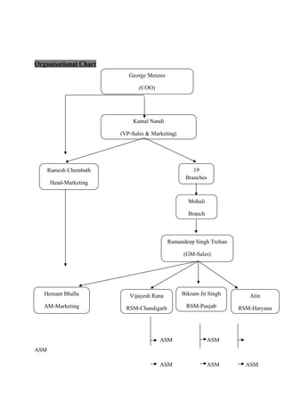 Organisational Chart
ASM ASM
ASM
ASM ASM ASM
George Menzes
(COO)
Kamal Nandi
(VP-Sales & Marketing)
Mohali
Branch
Ramandeep Singh Trehan
(GM-Sales)
19
Branches
Atin
RSM-Haryana
Bikram Jit Singh
RSM-Punjab
Vijayesh Rana
RSM-Chandigarh
Ramesh Chembath
Head-Marketing
Hemant Bhalla
AM-Marketing
 
