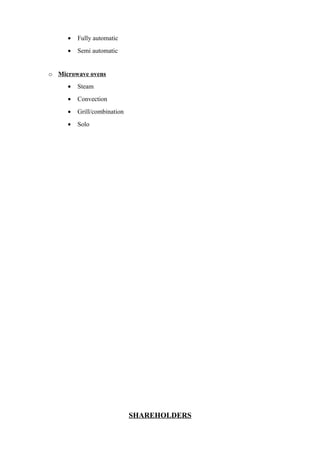 • Fully automatic
• Semi automatic
o Microwave ovens
• Steam
• Convection
• Grill/combination
• Solo
SHAREHOLDERS
 