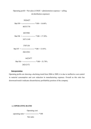 Operating profit = Net sales-( COGS + administration expenses + selling
& distribution expenses)
5826427
Mar’09 = --------------------- *100 = 14.44%
40351778
6033988
Mar’08 = --------------------- *100 = 17.38%
34711149
3707130
Mar’07 = --------------------- *100 = 13.93%
26614361
6423477
Mar’06 = --------------------- *100 = 31.78%
20212172
Interpretation
Operating profits are showing a declining trend from 2006 to 2009; it is due to ineffective cost control
in material consumption and cost reduction in manufacturing expenses. Overall as this ratio has
downward trend it indicates dissatisfactory profitability position of the company.
(c) OPERATING RATIO
Operating cost
operating ratio = --------------------- *100
Net sales
 