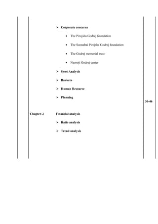  Corporate concerns
• The Pirojsha Godrej foundation
• The Soonabai Pirojsha Godrej foundation
• The Godrej memorial trust
• Naoroji Godrej center
 Swot Analysis
 Bankers
 Human Resource
 Planning
Chapter-2 Financial analysis
 Ratio analysis
 Trend analysis
30-46
 