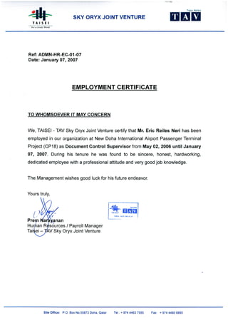 Sky Oryx JV Employment Certificate