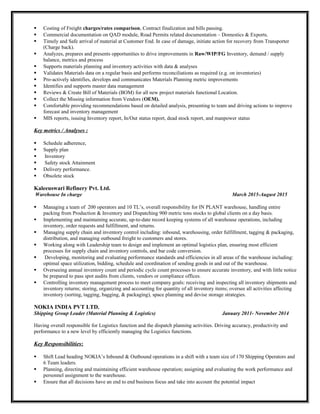  Costing of Freight charges/rates comparison, Contract finalization and bills passing.
 Commercial documentation on QAD module, Road Permits related documentation – Domestics & Exports.
 Timely and Safe arrival of material at Customer End. In case of damage, initiate action for recovery from Transporter
(Charge back).
 Analyzes, prepares and presents opportunities to drive improvements in Raw/WIP/FG Inventory, demand / supply
balance, metrics and process
 Supports materials planning and inventory activities with data & analyses
 Validates Materials data on a regular basis and performs reconciliations as required (e.g. on inventories)
 Pro-actively identifies, develops and communicates Materials Planning metric improvements
 Identifies and supports master data management
 Reviews & Create Bill of Materials (BOM) for all new project materials functional Location.
 Collect the Missing information from Vendors (OEM).
 Comfortable providing recommendations based on detailed analysis, presenting to team and driving actions to improve
forecast and inventory management
 MIS reports, issuing Inventory report, In/Out status report, dead stock report, and manpower status
Key metrics / Analyses :
 Schedule adherence,
 Supply plan
 Inventory
 Safety stock Attainment
 Delivery performance.
 Obsolete stock
Kaleeuswari Refinery Pvt. Ltd.
Warehouse In charge March 2015-August 2015
 Managing a team of 200 operators and 10 TL’s, overall responsibility for IN PLANT warehouse, handling entire
packing from Production & Inventory and Dispatching 900 metric tons stocks to global clients on a day basis.
 Implementing and maintaining accurate, up-to-date record keeping systems of all warehouse operations, including
inventory, order requests and fulfillment, and returns.
 Managing supply chain and inventory control including: inbound, warehousing, order fulfillment, tagging & packaging,
distribution, and managing outbound freight to customers and stores.
 Working along with Leadership team to design and implement an optimal logistics plan, ensuring most efficient
processes for supply chain and inventory controls, and bar code conversion.
 Developing, monitoring and evaluating performance standards and efficiencies in all areas of the warehouse including:
optimal space utilization, bidding, schedule and coordination of sending goods in and out of the warehouse.
 Overseeing annual inventory count and periodic cycle count processes to ensure accurate inventory, and with little notice
be prepared to pass spot audits from clients, vendors or compliance offices.
 Controlling inventory management process to meet company goals: receiving and inspecting all inventory shipments and
inventory returns; storing, organizing and accounting for quantity of all inventory items; oversee all activities affecting
inventory (sorting, tagging, bagging, & packaging), space planning and devise storage strategies.
NOKIA INDIA PVT LTD.
Shipping Group Leader (Material Planning & Logistics) January 2011- November 2014
Having overall responsible for Logistics function and the dispatch planning activities. Driving accuracy, productivity and
performance to a new level by efficiently managing the Logistics functions.
Key Responsibilities:
 Shift Lead heading NOKIA’s Inbound & Outbound operations in a shift with a team size of 170 Shipping Operators and
6 Team leaders.
 Planning, directing and maintaining efficient warehouse operation; assigning and evaluating the work performance and
personnel assignment to the warehouse.
 Ensure that all decisions have an end to end business focus and take into account the potential impact
 