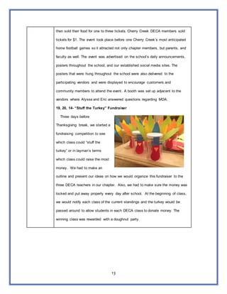 13
then sold their food for one to three tickets. Cherry Creek DECA members sold
tickets for $1. The event took place before one Cherry Creek’s most anticipated
home football games so it attracted not only chapter members, but parents, and
faculty as well. The event was advertised on the school’s daily announcements,
posters throughout the school, and our established social media sites. The
posters that were hung throughout the school were also delivered to the
participating vendors and were displayed to encourage customers and
community members to attend the event. A booth was set up adjacent to the
vendors where Alysse and Eric answered questions regarding MDA.
19, 20, 14- “Stuff the Turkey” Fundraiser
Three days before
Thanksgiving break, we started a
fundraising competition to see
which class could “stuff the
turkey” or in layman’s terms
which class could raise the most
money. We had to make an
outline and present our ideas on how we would organize this fundraiser to the
three DECA teachers in our chapter. Also, we had to make sure the money was
locked and put away properly every day after school. At the beginning of class,
we would notify each class of the current standings and the turkey would be
passed around to allow students in each DECA class to donate money. The
winning class was rewarded with a doughnut party.
 