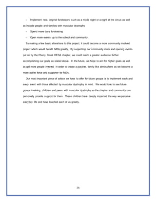 24
- Implement new, original fundraisers such as a movie night or a night at the circus as well
as include people and families with muscular dystrophy
- Spend more days fundraising
- Open more events up to the school and community
By making a few basic alterations to this project, it could become a more community involved
project which would benefit MDA greatly. By supporting our community more and opening events
put on by the Cherry Creek DECA chapter, we could reach a greater audience further
accomplishing our goals as stated above. In the future, we hope to aim for higher goals as well
as get more people involved in order to create a positive, family-like atmosphere as we become a
more active force and supporter for MDA.
Our most important piece of advice we have to offer for future groups is to implement each and
every event with those affected by muscular dystrophy in mind. We would love to see future
groups involving children and peers with muscular dystrophy so the chapter and community can
personally provide support for them. These children have deeply impacted the way we perceive
everyday life and have touched each of us greatly.
 