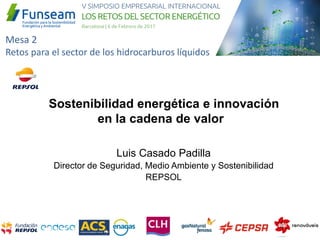 Luis Casado Padilla
Director de Seguridad, Medio Ambiente y Sostenibilidad
REPSOL
Sostenibilidad energética e innovación
en la cadena de valor
Mesa 2
Retos para el sector de los hidrocarburos líquidos
 