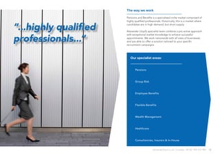 13alexanderlloyd.co.uk | Crawley +44 (0) 1293 572 900
“...highly qualified
professionals...”
The way we work
Pensions and Benefits is a specialised niche market comprised of
highly qualified professionals. Historically, this is a market where
candidates are in high demand, but short supply.
Alexander Lloyd’s specialist team combine a pro-active approach
with exceptional market knowledge to achieve successful
appointments. We work nationwide with all sizes of businesses
and are able to offer a solution tailored to your specific
recruitment campaigns.
Our specialist areas:
·· Pensions
·· Group Risk
·· Employee Benefits
·· Flexible Benefits
·· Wealth Management
·· Healthcare
·· Consultancies, Insurers & In-House
 