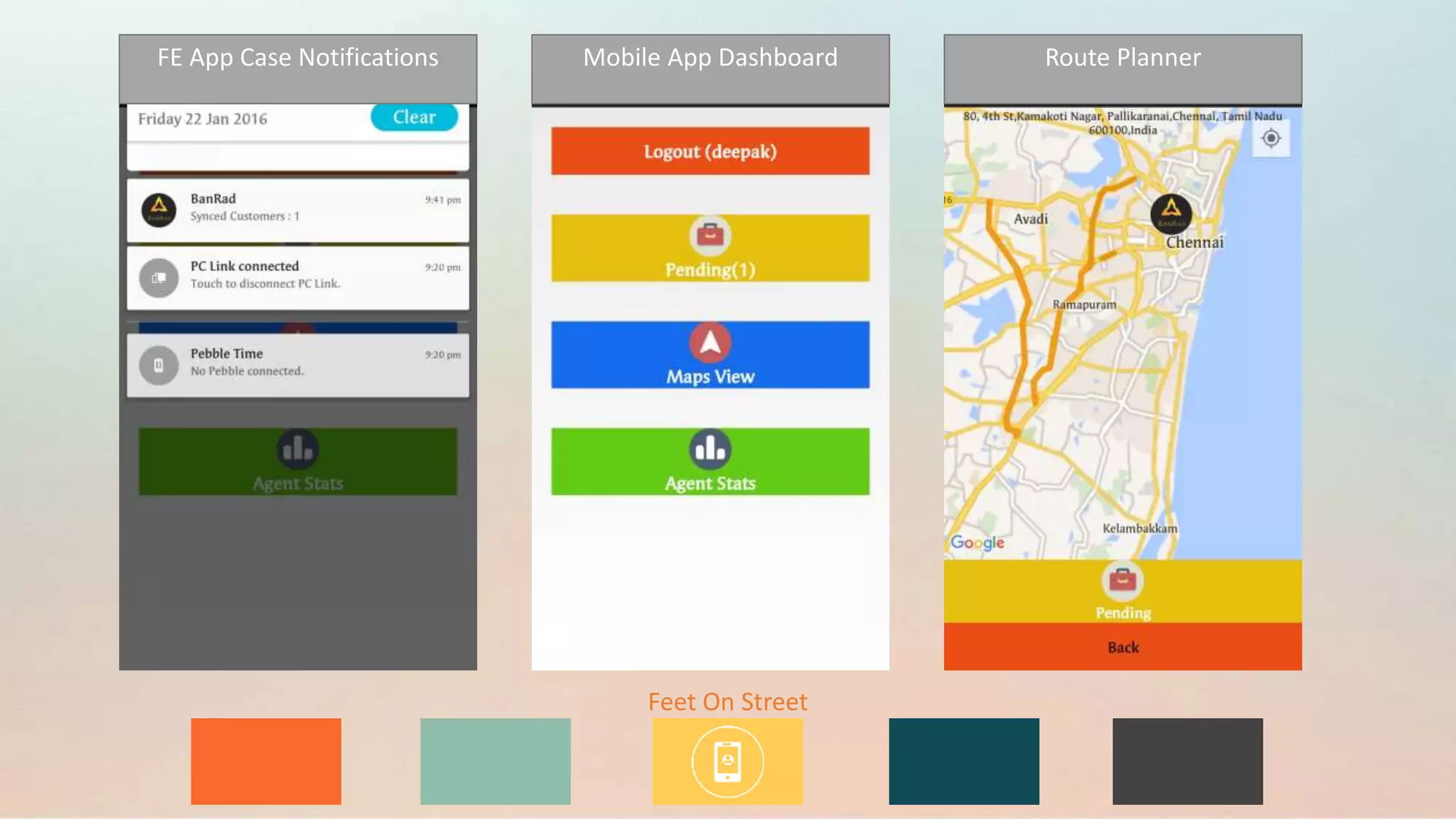 Feet On Street
FE App Case Notifications Mobile App Dashboard Route Planner
 