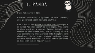Date: February 24, 2011
Hazards: Duplicate, plagiarized or thin content;
user-generated spam; keyword stuffing.
How it works: The Panda algorithm update assigns a
so-called “quality score” to web pages. This score
is then used as a ranking factor. Initially, the
effects of Panda were mild, but in January 2016 it
was permanently incorporated into Google’s core
algorithm. Since then, update rollouts have
become more frequent, so both Panda penalties
and recoveries now happen faster.
How to adjust: Run regular site checks for content duplication, thin content, and keyword stuffing. To do that, you’ll need a site crawler, like SEO PowerSuite’s
1 . P A N D A
 