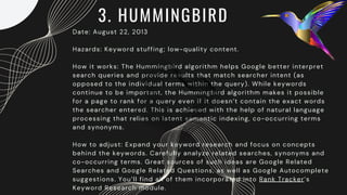 Date: August 22, 2013
Hazards: Keyword stuffing; low-quality content.
How it works: The Hummingbird algorithm helps Google better interpret
search queries and provide results that match searcher intent (as
opposed to the individual terms within the query). While keywords
continue to be important, the Hummingbird algorithm makes it possible
for a page to rank for a query even if it doesn’t contain the exact words
the searcher entered. This is achieved with the help of natural language
processing that relies on latent semantic indexing, co-occurring terms
and synonyms.
How to adjust: Expand your keyword research and focus on concepts
behind the keywords. Carefully analyze related searches, synonyms and
co-occurring terms. Great sources of such ideas are Google Related
Searches and Google Related Questions, as well as Google Autocomplete
suggestions. You’ll find all of them incorporated into Rank Tracker’s
Keyword Research module.
3. HUMMINGBIRD
 