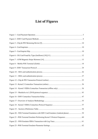 x
List of Figures
Figure 1 - Card Payment Operation........................................................................................................ 5!
Figure 2 - EMV Card Payment Methods ................................................................................................ 8!
Figure 3 - Chip & PIN Skimming Device [9]....................................................................................... 10!
Figure 4 - Card Imprinter...................................................................................................................... 10!
Figure 5 - Card Imprint Slip.................................................................................................................. 10!
Figure 6 - UK Card Fraud by Type (£millions) [10] [11]..................................................................... 12!
Figure 7 - ATM Magnetic Stripe Skimmer [14]................................................................................... 13!
Figure 8 – Mobile POS Terminal (iZettle) ........................................................................................... 18!
Figure 9 - EMV Transaction Protocol .................................................................................................. 24!
Figure 10 – SDA card authentication process....................................................................................... 26!
Figure 11 – DDA card authentication process...................................................................................... 27!
Figure 12 - Chip & PIN Transaction Protocol (online) ........................................................................ 35!
Figure 13 - Kernel 2 Contactless Transaction (online)......................................................................... 36!
Figure 14 – Kernel 3 fDDA Contactless Transaction (offline only) .................................................... 36!
Figure 15 – Murdoch et al. (2010) protocol sequence.......................................................................... 43!
Figure 16 - EMV Contactless Transaction Relay ................................................................................. 47!
Figure 17 - Overview of Analysis Methodology .................................................................................. 55!
Figure 18 – Kernel 3 fDDA Contactless Protocol Sequence................................................................ 57!
Figure 19 - Section of Reference Table ............................................................................................... 58!
Figure 20 – POS Terminal Emulation with EMV Card Emulator (Android phone)............................ 59!
Figure 21 - POS Terminal Emulator Performing Kernel 3 Protocol Sequence.................................... 60!
Figure 22 – POS Emulator fDDA Transaction with Log Trace ........................................................... 61!
Figure 23 - POS Terminal Emulator Parameter Settings...................................................................... 62!
 