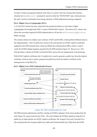 Chapter 8 POS Authentication
105
In order to make our proposed solution work, there is a need to alter the existing state machine,
whereby the ReadRecord() command is moved to after the “INITIATED” state, which prevents
the card’s sensitive information from being read prior to POS authentication being completed.
! Elliptic Curve Cryptography (ECC)
A 512-bit ECC scheme has been selected for the proposed solution as it provides a higher
cryptographic bit-strength than EMV’s current 1984-bit RSA scheme. The shorter ECC scheme also
allows the extra data required for POS authentication to fit into the GetProcessingOptions()
PDOL message.
The solution utilises two elliptic curve schemes, ECQV and ECDSA, which perform different tasks in
the implementation. The CA public key stored on the card and the two ECQV implicit certificates
supplied by the POS terminal form a three-tier Public Key Infrastructure (PKI), which is used to
verify the ECDSA digital signature generated by the POS terminal, Figure 38. Brown et al., 2011
[76] describes a scheme for ECQV-certified ECDSA such as the one implemented in the prototype.
With ECQV implicit certificates, the CA public key is used to generate a public key from the implicit
certificate, which in turn is used to generate the public key from the implicit certificate on the
subsequent tier of the PKI [77].
! Elliptic Curve POS Authentication Process
CardTerminal
Acquirer/ECQV/implicit/certificate/(Aic)
CA/public/key/index/(CAind)
CA/public/key/(CApk)
Random/Nonce
Compute(the(ECDSA(
signature(of(the(Nonce
Terminal/ECQV/implicit/certificate/(Tic)
Terminal/private/key/(Tsk)
Card(computes(the(Acquirer(public(key
Select(Terminal(private(
key(that(matches(the(CA(
public(key(of(the(card
ECDSA/Signed/Nonce
Acquirer/identification/data/(Aid)
Terminal/identification/data/(Tid)
Acquirer/Public/Key/(Apk)
Card(computes(the(Terminal(public(key
Terminal/Public/Key/(Tpk)
Card(validates(the((signature(of(the(Nonce
Signature/Authenticated
Figure 38 - POS Authentication by Card
The POS terminal authenticates itself by creating an ECDSA signature of the nonce produced by the
card, Figure 38, using its private key (Tsk). The card validates the ECDSA signature using the CA
public key (CApk) and the two ECQV implicit certificates: the Acquirer (Aic) and Terminal (Tic).
The card generates the Acquirer public key (Apk) and Terminal public key (Tpk) from the ECQV
 
