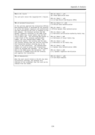 Appendix A Analysis
139
$ $
!10.1$AFL$record$
$
The$card$will$return$the$requested$SFI$/$Record.$
EMV$v4.3$Book$3$,$p93$
10.2$Read$Application$Data$$$
$
EMV$v4.3$Book$3$,$p65$
6.5.11$Read$Record$Cmd,Response$APDUs$$$
$ $
"11.0$ValidateTransaction()$
$
If$the$card$has$approved$the$transaction$Offline$
Data$Authentication$is$performed$by$the$terminal$
to$verify$the$dynamic$signature$and$authenticate$
the$data$returned$by$the$card$in$response$to$the$
GPO$command.$$The$terminal$verifies$the$DDA$
dynamic$signature$contained$in$the$SDAD$using$
the$CA$public$key,$issuer$public$key$and$the$
card’s$public$key.$$The$resulting$data$packet$is$
a$SHA,1$hash$of$the$terminal$unpredictable$
number,$the$card$unpredictable$number,$the$
transaction$amount,$the$currency$and$the$date.$$
This$process$ensures$that$the$card$has$verified$
the$transaction$without$altering$any$of$the$
values$in$the$transaction.$$The$unpredictable$
numbers$are$used$to$ensure$that$transactions$
cannot$be$recorded$and$replayed.$$If$the$signed$
data$in$the$SDAD$passes$the$validation$$the$
transaction$is$deemed$valid$and$the$terminal$
will$approve$the$transaction.$
EMV$v2.2$Book$C,3$,$p58$
5.6$Offline$Data$Authentication$$$
$
EMV$v4.3$Book$2$,$p51$
6$Offline$Dynamic$Data$Authentication$$$
$
EMV$v4.3$Book$2,$p60$
6.2$Retrieval$Certification$Authority$Public$Key$$$
$
EMV$v4.3$Book$2,$p60$
6.3$Retrieval$of$Issuer$Public$Key$$$
$
EMV$v4.3$Book$2,$p63$
6.3$Retrieval$of$ICC$Public$Key$$$
$
EMV$v4.3$Book$2,$p66$
6.5$Dynamic$Data$Authentication$(DDA)$$$
$
EMV$v4.3$Book$2,$p68$
6.5.2$Dynamic$Signature$Verification$$$
$ $
!12.0$RemoveCard()$
$
When$the$last$record$listed$in$the$AFL$has$been$
successfully$returned,$the$terminal$will$
indicate$to$the$cardholder$that$the$card$can$be$
removed$from$the$reader.$
EMV$v4.3$Book$3$,$p48$
5.4$Card$Read$Complete$$$
$ $
 