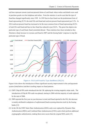 Chapter 2. Context of Electronic Payments
12
red lines represent remote (card-not-present) forms of card fraud, where stolen card details were used
to purchase goods over the telephone and online. From the statistics it can be seen that the type of
fraud has changed significantly since 1995. In 1995 face-to-face fraud was the predominant form of
fraud representing 92.3% the total UK card fraud and card-not-present fraud represented just 5.5%. In
2014 card-not-present fraud has increased to be the most common from of fraud representing 69.2%
of total UK card fraud and face-to-face fraud has reduced to just 24.6%. The green line depicts one
particular type of card fraud, fraud committed abroad. These statistics have been included as they
illustrate a sharp increase in overseas card fraud in 2007 and the Issuing banks’ response to stop this
particular type of fraud.
Figure 6 - UK Card Fraud by Type (£millions) [10] [11]
Figure 6 also shows the introduction of three significant security improvements to the card payments
system (listed below) and their resulting impact on fraud patterns.
(1)! EMV Chip & PIN cards introduced into the UK replacing the existing magnetic stripe cards. The
introduction of Chip & PIN cards was phased, starting in 2004 with the majority of cards replaced
by the start of 2006.
(2)! 2009 reported the first year on year decrease in total card fraud reported in the UK, this decrease
is mainly attributed to adoptions of sophisticated fraud screening detection tools by the Issuing
banks [12]
(3)! In the UK the EMV Static Data Authentication (SDA) cards were replaced by Dynamic Data
Authentication (DDA) and Combined Data Authentication (CDA) cards which perform additional
cryptographic authentication, making them more secure than the original SDA cards [13]
£0
£50
£100
£150
£200
£250
£300
£350
Fraud!abroad Card0Not0Present!(CNP) Lost/Stolen!+!Counterfeit CNP!0 eCommerce
(1) (2) (3)
 