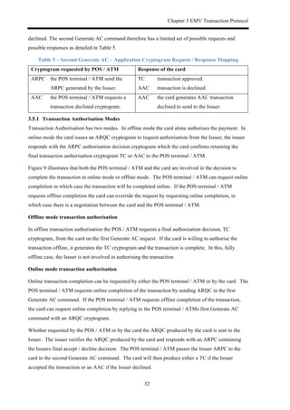 Chapter 3 EMV Transaction Protocol
32
declined. The second Generate AC command therefore has a limited set of possible requests and
possible responses as detailed in Table 5.
Table 5 – Second Generate AC – Application Cryptogram Request / Response Mapping
Cryptogram requested by POS / ATM Response of the card
ARPC the POS terminal / ATM send the
ARPC generated by the Issuer.
TC transaction approved.
AAC transaction is declined.
AAC the POS terminal / ATM requests a
transaction declined cryptogram.
AAC the card generates AAC transaction
declined to send to the Issuer.
! Transaction Authorisation Modes
Transaction Authorisation has two modes. In offline mode the card alone authorises the payment. In
online mode the card issues an ARQC cryptogram to request authorisation from the Issuer, the issuer
responds with the ARPC authorisation decision cryptogram which the card confirms returning the
final transaction authorisation cryptogram TC or AAC to the POS terminal / ATM.
Figure 9 illustrates that both the POS terminal / ATM and the card are involved in the decision to
complete the transaction in online mode or offline mode. The POS terminal / ATM can request online
completion in which case the transaction will be completed online. If the POS terminal / ATM
requests offline completion the card can override the request by requesting online completion, in
which case there is a negotiation between the card and the POS terminal / ATM.
Offline mode transaction authorisation
In offline transaction authorisation the POS / ATM requests a final authorisation decision, TC
cryptogram, from the card on the first Generate AC request. If the card is willing to authorise the
transaction offline, it generates the TC cryptogram and the transaction is complete. In this, fully
offline case, the Issuer is not involved in authorising the transaction.
Online mode transaction authorisation
Online transaction completion can be requested by either the POS terminal / ATM or by the card. The
POS terminal / ATM requests online completion of the transaction by sending ARQC in the first
Generate AC command. If the POS terminal / ATM requests offline completion of the transaction,
the card can request online completion by replying to the POS terminal / ATMs first Generate AC
command with an ARQC cryptogram.
Whether requested by the POS / ATM or by the card the ARQC produced by the card is sent to the
Issuer. The issuer verifies the ARQC produced by the card and responds with an ARPC containing
the Issuers final accept / decline decision. The POS terminal / ATM passes the Issuer ARPC to the
card in the second Generate AC command. The card will then produce either a TC if the Issuer
accepted the transaction or an AAC if the Issuer declined.
 