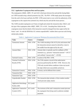 Chapter 3 EMV Transaction Protocol
33
! Application Cryptogram Data and Encryption
The cryptograms (ARQC, ARPC, TC and AAC) which pass between the card and the Issuing Bank
are 3-DES encoded using a shared symmetric key [28]. The POS / ATM simply passes the messages
from the card to the Issuer and back, the POS / ATM cannot read or even verify the authenticity of the
cryptograms as this requires the symmetric key which only the card and the Issuer possess.
The 3-DES encoded cryptograms are 8 bytes in length and contain the transaction data, Table 6, and
the type of the cryptogram either ARQC, ARPC, TC or AAC. Encoding these fields into the
cryptogram ensure that the details of the transaction cannot be changed from those approved by the
Issuer / card. As with the SDAD the AC contains unpredictable / random data to prevent card cloning
and pre-play attacks.
Table 6 - Application Cryptogram Minimum Recommended Data Fields
Value Source Comment
Transaction Amount POS / ATM The 3-DES encoding of the AC by the card ensures that
the transaction amount cannot be altered by a man-in-
the-middle from that approved by the card.
Amount Other POS / ATM Amount other is typically used for cashback at POS
terminals (e.g. groceries “transaction amount” = £43.27
and cashback “amount other” = £20.00)
Terminal Country POS / ATM Location of the POS / ATM.
Terminal Verification
Results (TVR)
POS / ATM The TVR contains a record of the authorisation
processes performed by the POS / ATM. However, the
TVR only records failure conditions it does not record
the steps which were successfully carried out.
Transaction Currency POS / ATM Currency can be different from country
Transaction Date POS / ATM
Transaction Type POS / ATM
Unpredictable Number POS / ATM The transaction data includes a 4 byte random number
which prevents replay attacks
Application Interchange
Profile (AIP)
ICC (card)
Application Transaction
Counter (ATC)
ICC (card) The inclusion of the card’s transaction counter prevents
the cryptogram from being used to authorise multiple
payments.
 