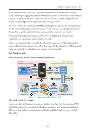 Chapter 6 Foreign Currency Flaw
80
It was found that kernel 2 cards would request online authorisation of the transaction, using the
ARQC online request cryptogram, when the POS terminal requested an offline transaction in a foreign
currency. This prevents the attack as the Issuing bank will know the correct exchange rate for the
foreign currency and prevent the high value foreign currency transaction.
However, we found that in the kernel 3 (fDDA) contactless protocol sequence, the card simply returns
the TC Application Cryptogram on the first request. Thereby missing out on the opportunity for the
Issuing Bank to spot the high value foreign currency contactless transaction and block it.
We carried out testing on UK contactless kernel 3 (Visa) cards; finding that the exploitable
vulnerability was present in the majority of UK issued cards.
Once we had used the emulator to find that the vulnerability was present in UK issued contactless
cards, we built an attack scenario, section 6.5, to demonstrate that the vulnerability could be exploited
in the real-world and was not just a problem restricted to the computer lab.
6.5! Attack Scenario
Figure 31 illustrates the attack scenario described in this section.
Figure 31 - Transaction Harvesting Attack
The attack consists of two stages:
Attackers (collection of fraudulent transactions): attackers using Near Field Communication (NFC)
enabled Android mobile phones can collect fraudulent transactions from unsuspecting cardholders.
This can be done whilst the contactless card is still in the cardholder’s wallet (see steps 1 to 3 of
Figure 31).
 