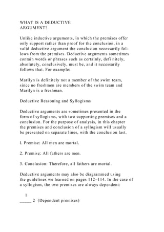 WHAT IS A DEDUCTIVE
ARGUMENT?
Unlike inductive arguments, in which the premises offer
only support rather than proof for the conclusion, in a
valid deductive argument the conclusion necessarily fol-
lows from the premises. Deductive arguments sometimes
contain words or phrases such as certainly, defi nitely,
absolutely, conclusively, must be, and it necessarily
follows that. For example:
Marilyn is definitely not a member of the swim team,
since no freshmen are members of the swim team and
Marilyn is a freshman.
Deductive Reasoning and Syllogisms
Deductive arguments are sometimes presented in the
form of syllogisms, with two supporting premises and a
conclusion. For the purpose of analysis, in this chapter
the premises and conclusion of a syllogism will usually
be presented on separate lines, with the conclusion last.
l. Premise: All men are mortal.
2. Premise: All fathers are men.
3. Conclusion: Therefore, all fathers are mortal.
Deductive arguments may also be diagrammed using
the guidelines we learned on pages 112–114. In the case of
a syllogism, the two premises are always dependent:
1
_____ 2 (Dependent premises)
 