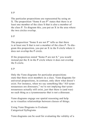 S P
The particular propositions are represented by using an
X. The proposition “Some S are P” states that there is at
least one member of the class S that is also a member of
the class P. To diagram this, you put an X in the area where
the two circles overlap.
S P
The proposition “Some S are not P” tells us that there
is at least one S that is not a member of the class P. To dia-
gram this proposition, you put an X in the S circle where it
does not overlap the P circle.
If the proposition stated “Some P are not S,” you would
instead put the X in the P circle where it does not overlap
the S circle.
S P
Only the Venn diagrams for particular propositions
state that there exist members in a class. Venn diagrams for
universal propositions, in contrast, only show what doesn’t
exist. For instance, when we say something like “All tyran-
nosauruses are dinosaurs,” we’re not implying that tyran-
nosauruses actually still exist, just that there is (and was)
no such thing as a tyrannosaurus that is not a dinosaur.
Venn diagrams engage our spatial reasoning and help
us to visualize relationships between classes of things.
Using Venn Diagrams to Evaluate
Categorical Syllogisms
Venn diagrams can be used for evaluating the validity of a
 