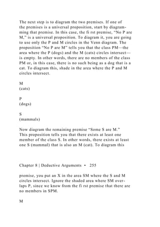 The next step is to diagram the two premises. If one of
the premises is a universal proposition, start by diagram-
ming that premise. In this case, the fi rst premise, “No P are
M,” is a universal proposition. To diagram it, you are going
to use only the P and M circles in the Venn diagram. The
proposition “No P are M” tells you that the class PM—the
area where the P (dogs) and the M (cats) circles intersect—
is empty. In other words, there are no members of the class
PM or, in this case, there is no such being as a dog that is a
cat. To diagram this, shade in the area where the P and M
circles intersect.
M
(cats)
P
(dogs)
S
(mammals)
Now diagram the remaining premise “Some S are M.”
This proposition tells you that there exists at least one
member of the class S. In other words, there exists at least
one S (mammal) that is also an M (cat). To diagram this
Chapter 8 | Deductive Arguments • 255
premise, you put an X in the area SM where the S and M
circles intersect. Ignore the shaded area where SM over-
laps P, since we know from the fi rst premise that there are
no members in SPM.
M
 