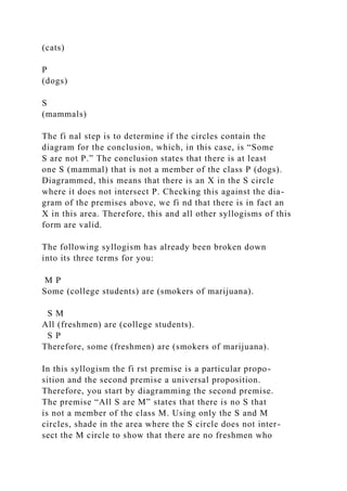 (cats)
P
(dogs)
S
(mammals)
The fi nal step is to determine if the circles contain the
diagram for the conclusion, which, in this case, is “Some
S are not P.” The conclusion states that there is at least
one S (mammal) that is not a member of the class P (dogs).
Diagrammed, this means that there is an X in the S circle
where it does not intersect P. Checking this against the dia-
gram of the premises above, we fi nd that there is in fact an
X in this area. Therefore, this and all other syllogisms of this
form are valid.
The following syllogism has already been broken down
into its three terms for you:
M P
Some (college students) are (smokers of marijuana).
S M
All (freshmen) are (college students).
S P
Therefore, some (freshmen) are (smokers of marijuana).
In this syllogism the fi rst premise is a particular propo-
sition and the second premise a universal proposition.
Therefore, you start by diagramming the second premise.
The premise “All S are M” states that there is no S that
is not a member of the class M. Using only the S and M
circles, shade in the area where the S circle does not inter-
sect the M circle to show that there are no freshmen who
 