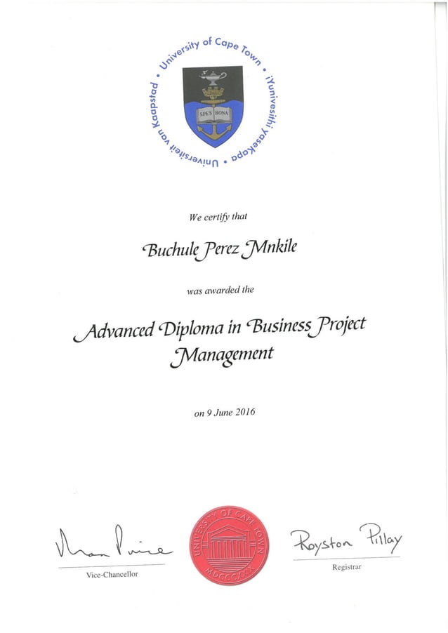 UCT Advanced Diploma in Business Project Management certificate for