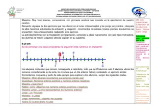 SECRETARÍA DEEDUCACIÓNPÚBLICA DEHIDALGO
SECRETARÌA DEEDUCACIÒNMEDIA SUPERIOR Y SUPERIOR
DEPARTAMENTO DEEDUCACIÒNNORMAL
DIRECCIÓNGENERAL DEFORMACIÓNY SUPERACIÓNDOCENTE
ESCUELA NORMAL SUPERIOR PÚBLICA DEL ESTADO DEHIDALGO
Maestra:- Muy bien jóvenes, comenzamos con gimnasia cerebral que consiste en la ejercitación de nuestro
cerebro.
Recuerdo algunos de los ejercicios que nos dieron en el curso intrasemestral y los pongo en práctica , después
de ellos hacemos actividades de activación y relajación , movimientos de cabeza, brazos, piernas, los alumnos se
encuentran muy entusiasmados realizando este ejercicio.
La actividad termina con la modulación de respiración, comienzo la clase nuevamente con una frase motivadora,
los alumnos la releen y algunos otros la copean en su cuaderno.
8:20 am:
Se da comienzo a la clase proyectando la siguiente recta numérica en el pizarrón
Los alumnos contestan que número corresponde a cada letra, noto que de 20 alumnos solo 6 alumnos ubican los
números correctamente en la recta, los mismos que un día anterior habían contestado un ejercicio similar.
Comentamos respuesta y parto de este ejemplo para explicar a los alumnos, surgen las siguientes dudas.
Maestra:- Miren jóvenes recordemos que estamos viendo ayer
Guadalupe: Números enteros positivos y números enteros negativos
Maestra: ¿Qué más?
Nallely: como utilizamos los números enteros positivos y negativos
Maestra:-Jorge ¿Cómo representamos los números enteros?
Jorge:-¿yo? Maestra
Maestra:- si Jorge
Jorge: mmmmmm….dejeme me acuerdo
Yadira:-Él es bien burro ni sabe
ella sola
puede atraer
la Atención de
los alumnos.
Autor: Michel
Saint- Onge
Actividades
para empezar
bien el dia
Planeación
“Programación de
aula, ¿para qué?
Orientaciones
didácticas para la
planificación
docente en el
aula”
Autor: Verónica
Torres
Comportamiento
En las
matemáticas”
“Didáctica en las
matemáticas
(aportes y
reflexiones)”
Autor: Cecilia
Parra e Irma saíz.
ORGANIZACIÓN
DEL
CONTENIDO.
Autor: Un ejemplo
de uso
estratégico de los
procedimientos
 