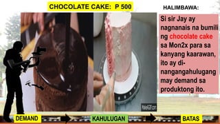 Si sir Jay ay
nagnanais na bumili
ng chocolate cake
sa Mon2x para sa
kanyang kaarawan,
ito ay di-
nangangahulugang
may demand sa
produktong ito.
CHOCOLATE CAKE: P 500 HALIMBAWA:
DEMAND KAHULUGAN BATAS
 