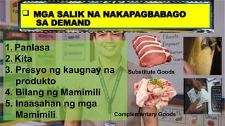  MGA SALIK NA NAKAPAGBABAGO
SA DEMAND
1. Panlasa
2. Kita
3. Presyo ng kaugnay na
produkto
4. Bilang ng Mamimili
5. Inaasahan ng mga
Mamimili
Substitute Goods
Complementary Goods
 
