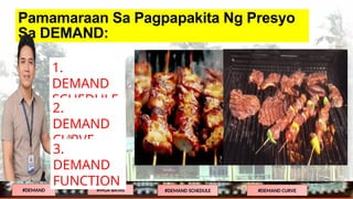 Pamamaraan Sa Pagpapakita Ng Presyo
Sa DEMAND:
1.
DEMAND
SCHEDULE
2.
DEMAND
CURVE
GRAPIKO
KAHULUGAN MATEMATIKO
TALAAN
#DEMAND #MGA BATAS #DEMAND SCHEDULE #DEMAND CURVE
3.
DEMAND
FUNCTION
 