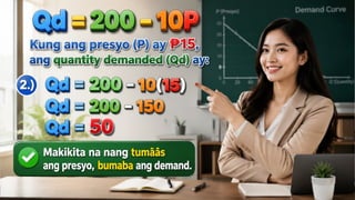 Demand Function para sa Kape
Ipagpalagay na ang demand function para sa isang
tasa ng kape ay: Qd=200−10P
• Kung ang presyo (P) ay 15, ang quantity demanded
₱
(Qd) ay:
2.)
• Qd= 200−10(15)
• Qd= 200−150
• Qd= 50
-Makikita na nang tumaas ang presyo,
bumaba ang demand.
Price (P)
Quantity
Demand
(QD)
20 0
15 50
GRAPIKO
KAHULUGAN TALAAN
SAGOT:
MATEMATIKO
 