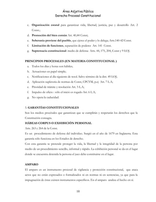 Área Adjetiva Pública
Derecho Procesal Constitucional
c. Organización estatal para garantizar vida, libertad, justicia, paz y desarrollo Art. 2
Const.;
d. Promoción del bien común Art. 40,44 Const;
e. Soberania proviene del pueblo, que ejerce el poder y lo delega; Arts.140-42 Const.
f. Limitación de funciones, separación de poderes Art. 141 Const.
g. Supremacía constitucional: medio de defensa Arts. 44, 175, 204, Const y 9 LOJ.
PRINCIPIOS PROCESALES (EN MATERIA CONSTITUCIONAL )
a. Todos los días y horas son hábiles;
b. Actuaciones en papel simple;
c. Notificaciones al día siguiente de resol. Salvo término de la dist. 49 LOJ;
d. Aplicación supletoria de normas de Const, CPCYM, p.ej Art. 7 L.A;
e. Prioridad de trámite y resolución Art. 5 L.A;
f. Impulso de oficio : sólo el inicio es rogado Art. 6 L.A;
g. No opera la caducidad.
5. GARANTÍAS CONSTITUCIONALES
Son los medios procésales que garantizan que se cumplirán y respetarán los derechos que la
Constitución consagra.
HÁBEAS CORPUS O EXHIBICIÓN PERSONAL
Arts. 263 y 264 de la Const.
Es un procedimiento de defensa del individuo. Surgió en el año de 1679 en Inglaterra. Esta
garantía sólo funciona en los Estados de derecho.
Con esta garantía se pretende proteger la vida, la libertad y la integridad de la persona por
medio de un procedimiento sencillo, informal y rápido. La exhibición personal se da en el lugar
donde se encuentra detenida la persona el juez debe constituirse en el lugar.
AMPARO
El amparo es un instrumento procesal de vigilancia y protección constitucional, que ataca
actos que no están expresados o formalizados ni en normas ni en sentencias, ya que para la
impugnación de éstas existen instrumentos específicos. En el amparo analiza el hecho en sí.
10
 