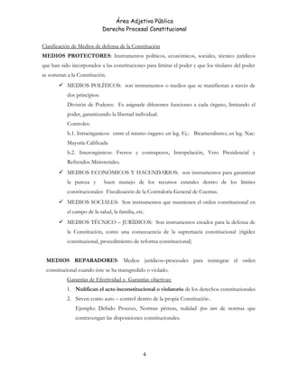 Área Adjetiva Pública
Derecho Procesal Constitucional
Clasificación de Medios de defensa de la Constitución
MEDIOS PROTECTORES: Instrumentos políticos, económicos, sociales, técnico jurídicos
que han sido incorporados a las constituciones para limitar el poder y que los titulares del poder
se sometan a la Constitución.
 MEDIOS POLÍTICOS: son instrumentos o medios que se manifiestan a través de
dos principios:
División de Poderes: Es asignarle diferentes funciones a cada órgano, limitando el
poder, garantizando la libertad individual.
Controles:
b.1. Intraórganicos: entre el mismo órgano: en leg. Ej.: Bicameralismo; en leg. Nac:
Mayoría Calificada
b.2. Interorgánicos: Frenos y contrapesos, Interpelación, Veto Presidencial y
Refrendos Ministeriales.
 MEDIOS ECONÓMICOS Y HACENDARIOS: son instrumentos para garantizar
la pureza y buen manejo de los recursos estatales dentro de los límites
constitucionales: Fiscalización de la Contraloría General de Cuentas.
 MEDIOS SOCIALES: Son instrumentos que mantienen el orden constitucional en
el campo de la salud, la familia, etc.
 MEDIOS TÉCNICO – JURÍDICOS: Son instrumentos creados para la defensa de
la Constitución, como una consecuencia de la supremacía constitucional (rigidez
constitucional, procedimiento de reforma constitucional)
MEDIOS REPARADORES: Medios jurídicos–procesales para reintegrar el orden
constitucional cuando éste se ha transgredido o violado.
Garantías de Efectividad o Garantías objetivas:
1. Nulifican el acto inconstitucional o violatorio de los derechos constitucionales
2. Sirven como auto – control dentro de la propia Constitución .
Ejemplo: Debido Proceso, Normas pétreas, nulidad ipso iure de normas que
contravengan las disposiciones constitucionales.
4
 