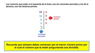 Los números que están a la izquierda de la línea, son los cocientes parciales y los de la
derecha, son los factores primos.
Recuerda que siempre debes comenzar por el menor número primo por
el cual el número que te están preguntando sea divisible.