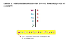 Ejemplo 2: Realiza la descomposición en producto de factores primos del
número 60: