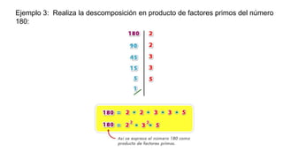 Ejemplo 3: Realiza la descomposición en producto de factores primos del número
180:
