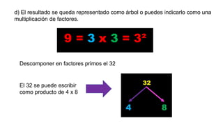 d) El resultado se queda representado como árbol o puedes indicarlo como una
multiplicación de factores.
Descomponer en factores primos el 32
El 32 se puede escribir
como producto de 4 x 8