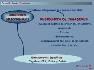 JUGADORES SELECCIONADOS Se integran en los equipos del Club. Entrenamientos Específicos:   Jugadores EBA, Junior y Cadete RESIDENCIA DE JUGADORES Jugadores cadetes de primer año en adelante. Alojamiento. Estudios. Entrenamientos. Desplazamientos (de ellos, de los padres). Atención Sanitaria, etc. 