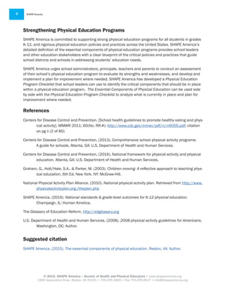 © 2015, SHAPE America – Society of Health and Physical Educators • www.shapeamerica.org
1900 Association Drive, Reston, VA 20191 • 703.476.3400 • Fax 703.476.9527 • info@shapeamerica.org
SHAPE America8
Strengthening Physical Education Programs
SHAPE America is committed to supporting strong physical education programs for all students in grades
K-12, and rigorous physical education policies and practices across the United States. SHAPE America’s
detailed definition of the essential components of physical education programs provides school leaders
and other education stakeholders with a clear blueprint of the critical policies and practices that guide
school districts and schools in addressing students’ education needs.
SHAPE America urges school administrators, principals, teachers and parents to conduct an assessment
of their school’s physical education program to evaluate its strengths and weaknesses, and develop and
implement a plan for improvement where needed. SHAPE America has developed a Physical Education
Program Checklist that school leaders can use to identify the critical components that should be in place
within a physical education program. The Essential Components of Physical Education can be used side
by side with the Physical Education Program Checklist to analyze what is currently in place and plan for
improvement where needed.
References
Centers for Disease Control and Prevention. [School health guidelines to promote healthy eating and phys-
ical activity]. MMWR 2011; 60(No. RR-#): http://www.cdc.gov/mmwr/pdf/rr/rr6005.pdf; citation
on pg ii (2 of 80)
Centers for Disease Control and Prevention. (2013). Comprehensive school physical activity programs:
A guide for schools. Atlanta, GA: U.S. Department of Health and Human Services.
Centers for Disease Control and Prevention. (2014). National framework for physical activity and physical
education. Atlanta, GA: U.S. Department of Health and Human Services.
Graham, G., Holt/Hale, S.A., & Parker, M. (2003). Children moving: A reflective approach to teaching phys-
ical education, 6th Ed. New York, NY: McGraw-Hill.
National Physical Activity Plan Alliance. (2010). National physical activity plan. Retrieved from http://www.
physicalactivityplan.org./theplan.php
SHAPE America. (2014). National standards & grade-level outcomes for K-12 physical education.
Champaign, IL: Human Kinetics.
The Glossary of Education Reform, http://edglossary.org
U.S. Department of Health and Human Services. (2008). 2008 physical activity guidelines for Americans.
Washington, DC: Author.
Suggested citation
SHAPE America. (2015). The essential components of physical education. Reston, VA: Author.
 
