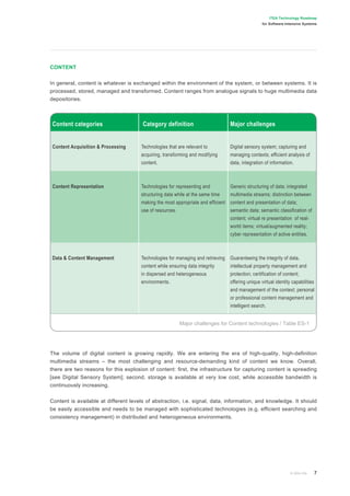 Content categories Category definition Major challenges
Content Acquisition & Processing Technologies that are relevant to
acquiring, transforming and modifying
content.
Digital sensory system; capturing and
managing contexts; efficient analysis of
data, integration of information.
Content Representation Technologies for representing and
structuring data while at the same time
making the most appropriate and efficient
use of resources.
Generic structuring of data; integrated
multimedia streams; distinction between
content and presentation of data;
semantic data; semantic classification of
content; virtual re presentation of real-
world items; virtual/augmented reality;
cyber representation of active entities.
Data & Content Management Technologies for managing and retrieving
content while ensuring data integrity
in dispersed and heterogeneous
environments.
Guaranteeing the integrity of data,
intellectual property management and
protection; certification of content;
offering unique virtual identity capabilities
and management of the context; personal
or professional content management and
intelligent search.
Major challenges for Content technologies / Table ES-1
© 2004 IOA 7
ITEA Technology Roadmap
for Software-Intensive Systems
CONTENT
In general, content is whatever is exchanged within the environment of the system, or between systems. It is
processed, stored, managed and transformed. Content ranges from analogue signals to huge multimedia data
depositories.
The volume of digital content is growing rapidly. We are entering the era of high-quality, high-deﬁnition
multimedia streams – the most challenging and resource-demanding kind of content we know. Overall,
there are two reasons for this explosion of content: ﬁrst, the infrastructure for capturing content is spreading
[see Digital Sensory System]; second, storage is available at very low cost, while accessible bandwidth is
continuously increasing.
Content is available at different levels of abstraction, i.e. signal, data, information, and knowledge. It should
be easily accessible and needs to be managed with sophisticated technologies (e.g. efﬁcient searching and
consistency management) in distributed and heterogeneous environments.
 