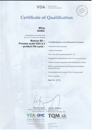VDA 6.3 Certificate