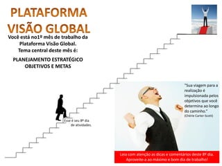 Leia com atenção as dicas e comentários deste 8º dia.
Aproveite-a ao máximo e bom dia de trabalho!
"Sua viagem para a
realização é
impulsionada pelos
objetivos que você
determina ao longo
do caminho.“
(Chérie Carter-Scott)
Você está no1º mês de trabalho da
Plataforma Visão Global.
Tema central deste mês é:
PLANEJAMENTO ESTRATÉGICO
OBJETIVOS E METAS
Esse é seu 8º dia
de atividades.
 