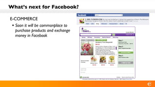 What’s next for Facebook? E-COMMERCE Soon it will be commonplace to purchase products and exchange money in Facebook 